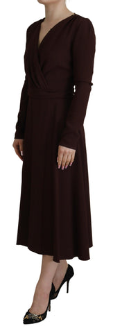 Brown wrap long sleeve midi dress by Dolce & Gabbana, featuring a fitted silhouette and stretch fabric.