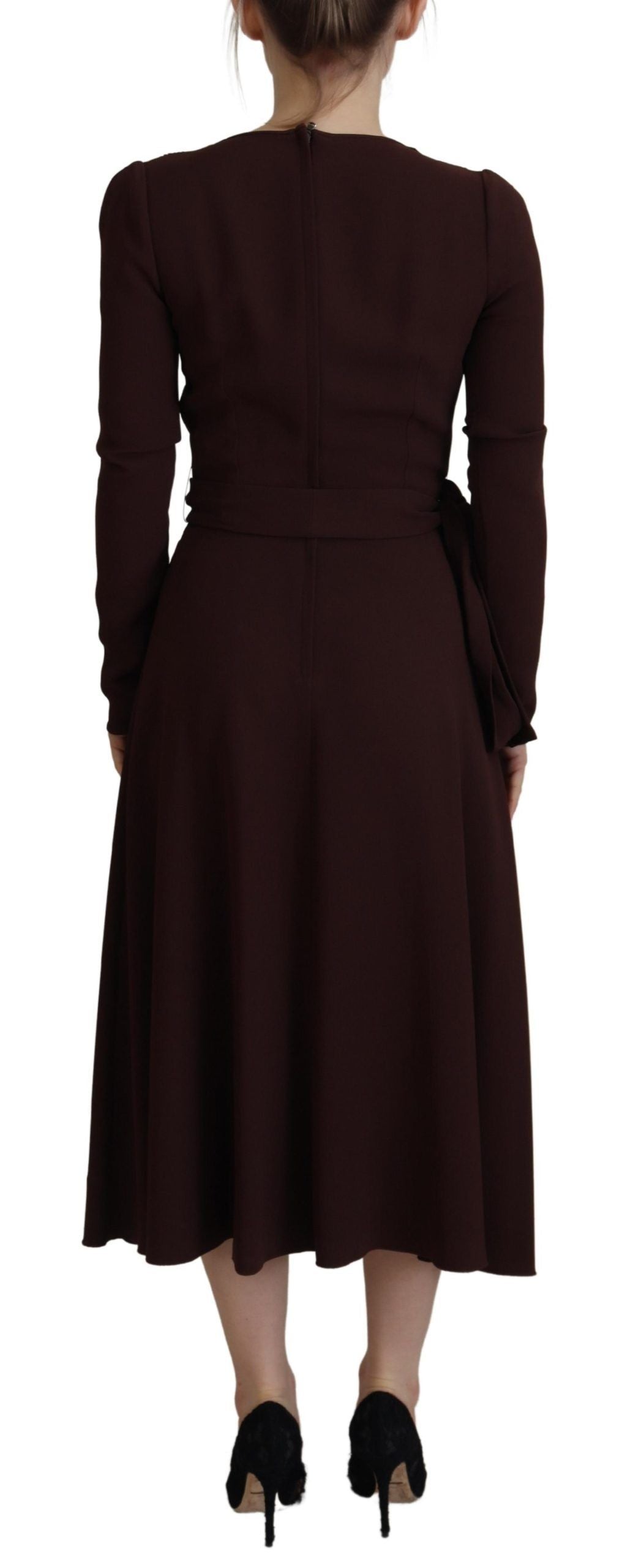 Brown wrap long sleeve midi dress by Dolce & Gabbana featuring stretch fabric and a stylish, elegant design.