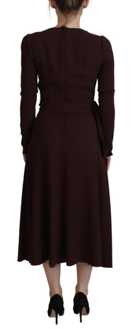 Brown wrap long sleeve midi dress by Dolce & Gabbana featuring stretch fabric and a stylish, elegant design.