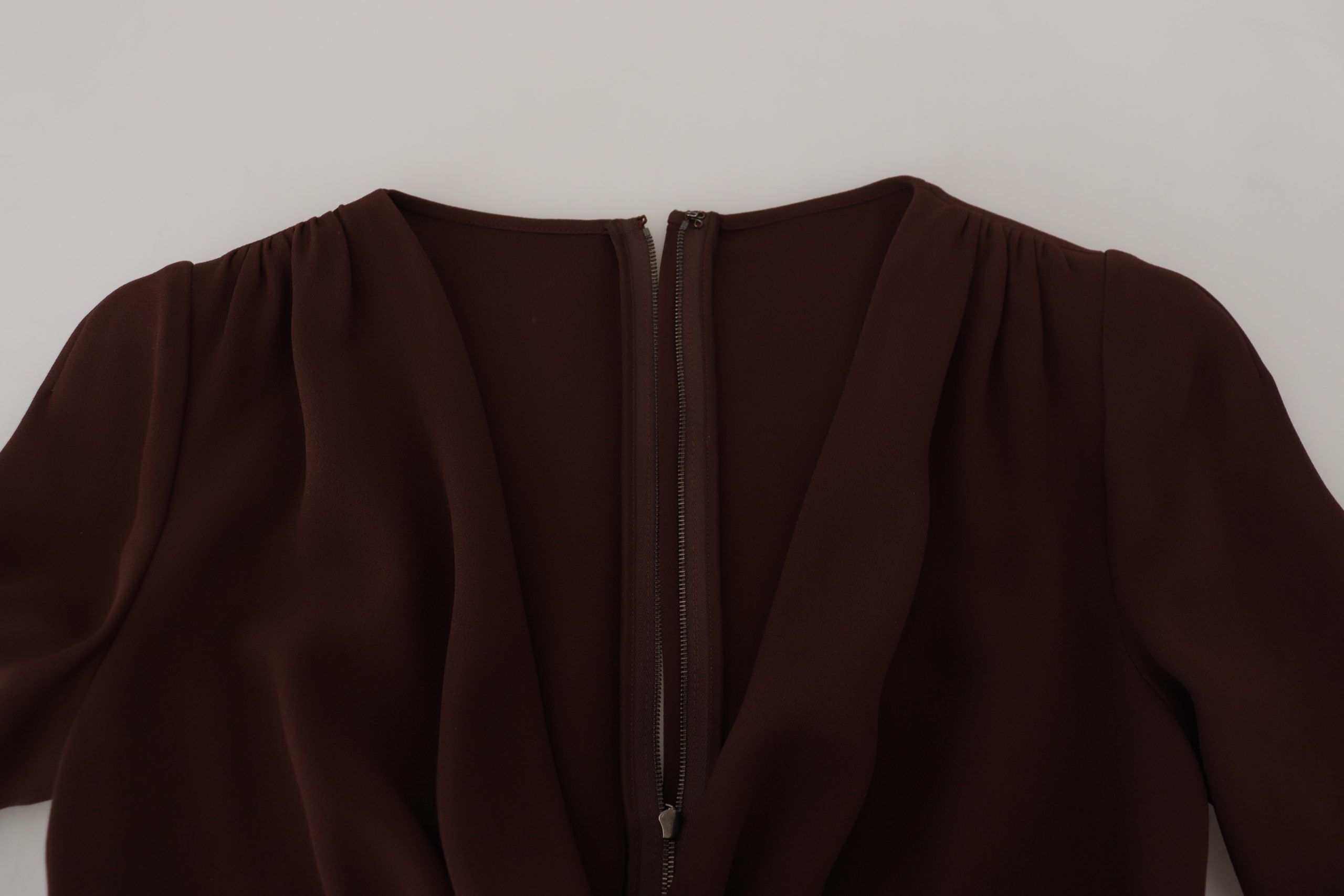 Brown wrap long sleeve midi stretch dress by Dolce & Gabbana, featuring a fitted silhouette and elegant design.
