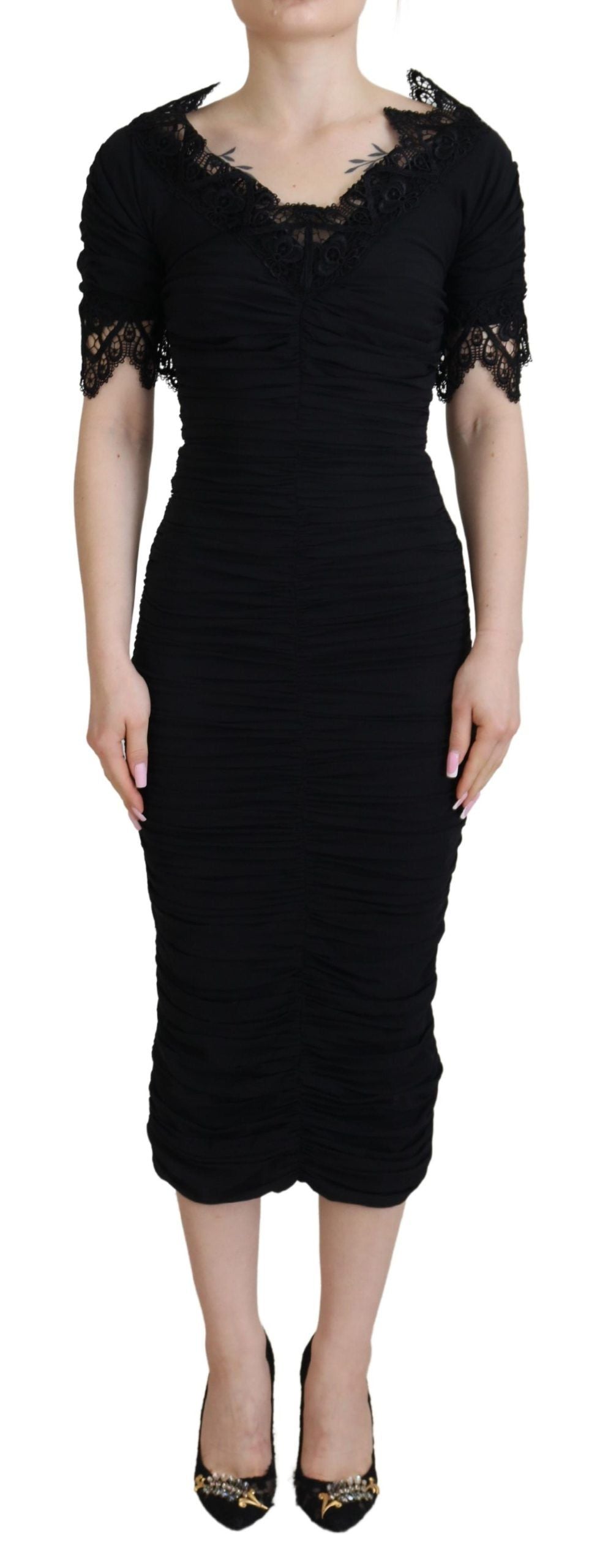 Black sheath midi bodycon lace silk dress by Dolce & Gabbana, featuring a fitted silhouette and intricate lace detailing.