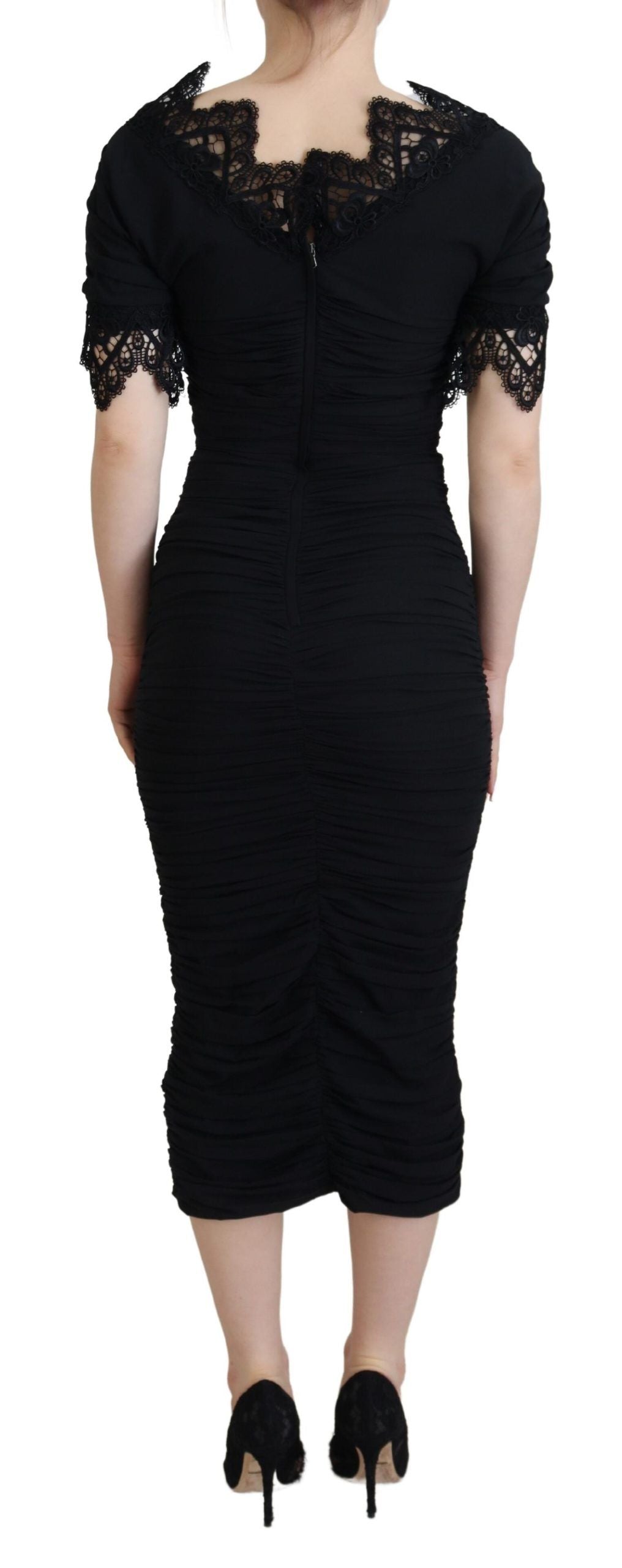 Black sheath midi bodycon lace silk dress by Dolce & Gabbana, featuring a fitted silhouette and intricate lace detailing.