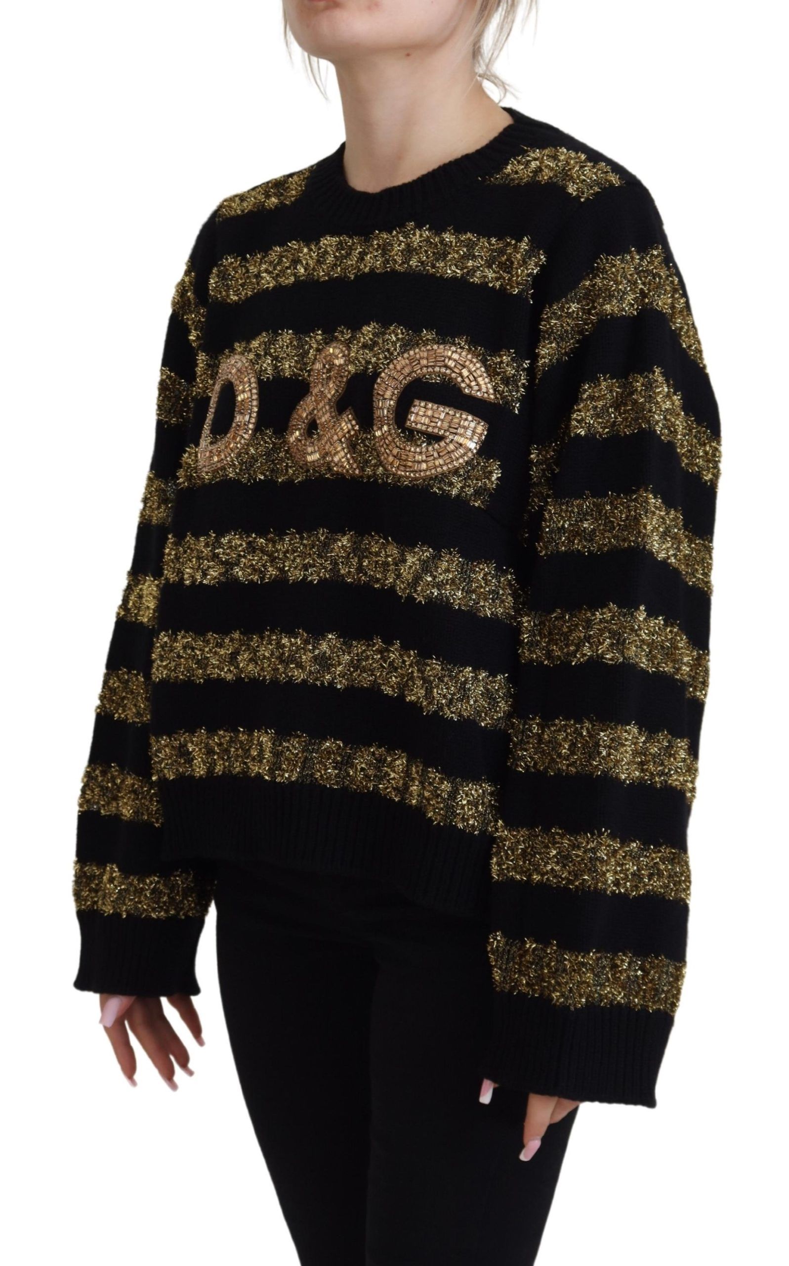 Black gold Dolce & Gabbana D&G crystal cashmere sweater with a stylish design, shown on a model.