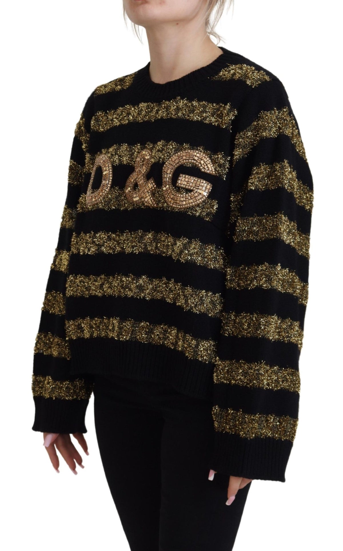 Black gold Dolce & Gabbana D&G crystal cashmere sweater with a stylish design, shown on a model.