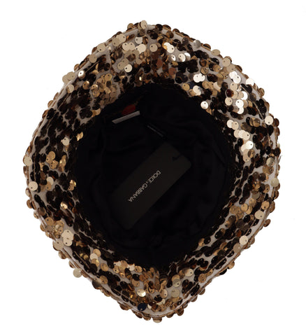 Gold Silk Sequin Embellished Designer Brim Bucket Hat