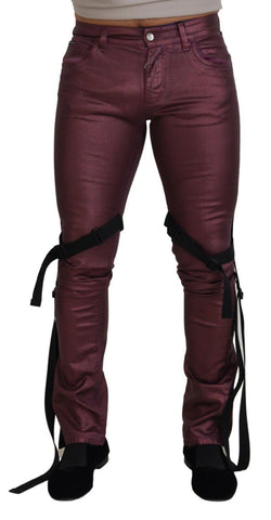 Magenta cotton men's casual harness denim jeans by Dolce & Gabbana, featuring a stylish fit and detailed harness design.