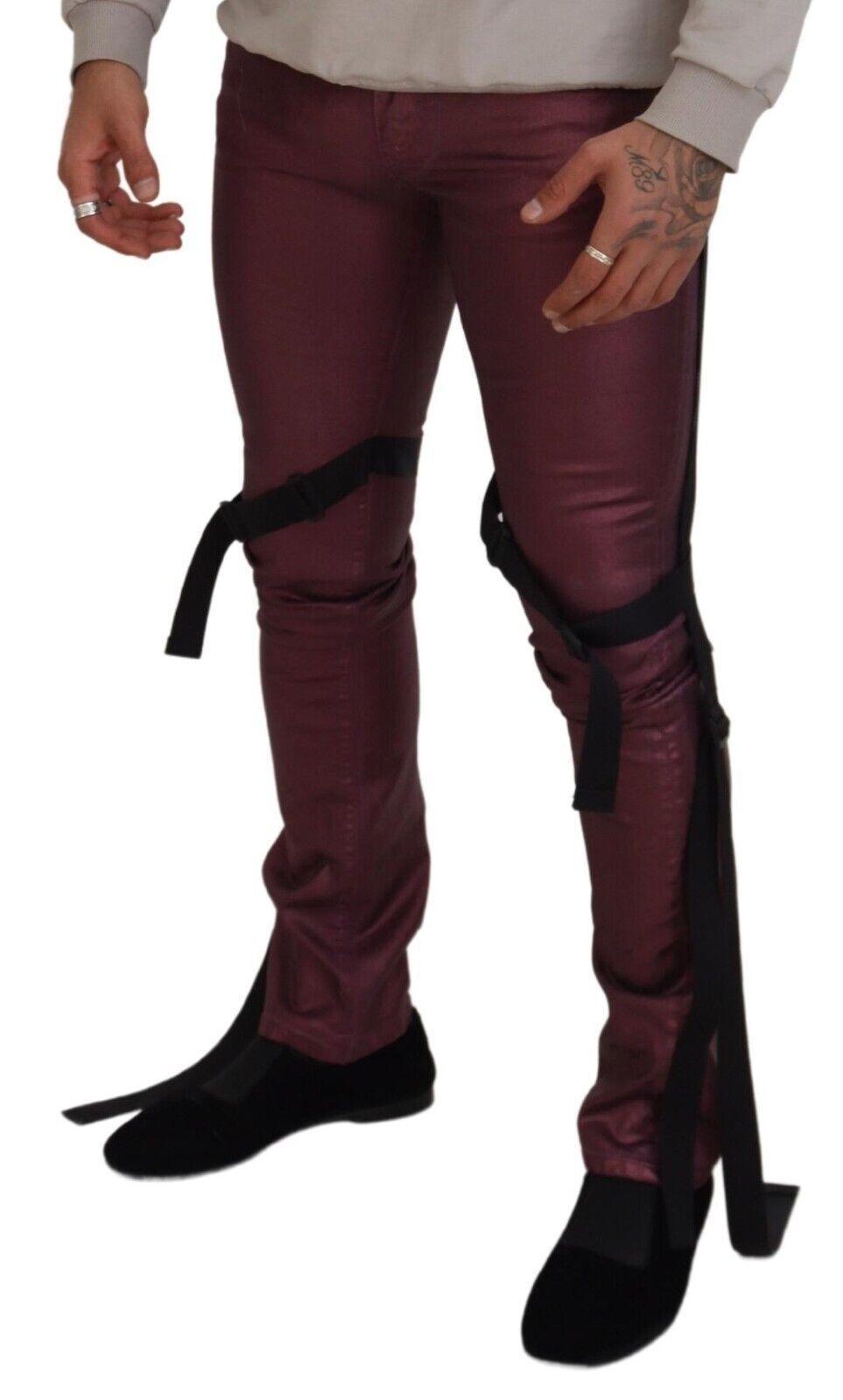 Magenta cotton men's casual harness denim jeans by Dolce & Gabbana, featuring a stylish denim design with harness details.
