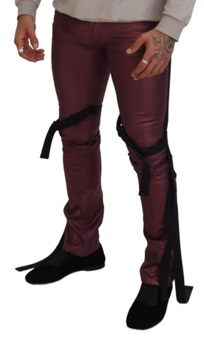 Magenta cotton men's casual harness denim jeans by Dolce & Gabbana, featuring a stylish denim design with harness details.