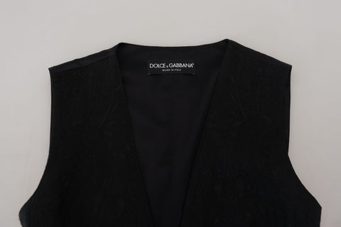 Black Brocade Button Down Sleeveless Vest Top