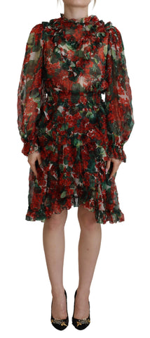 Multicolor Geranium A-line knee-length dress by Dolce & Gabbana, featuring vibrant floral pattern and elegant fit.