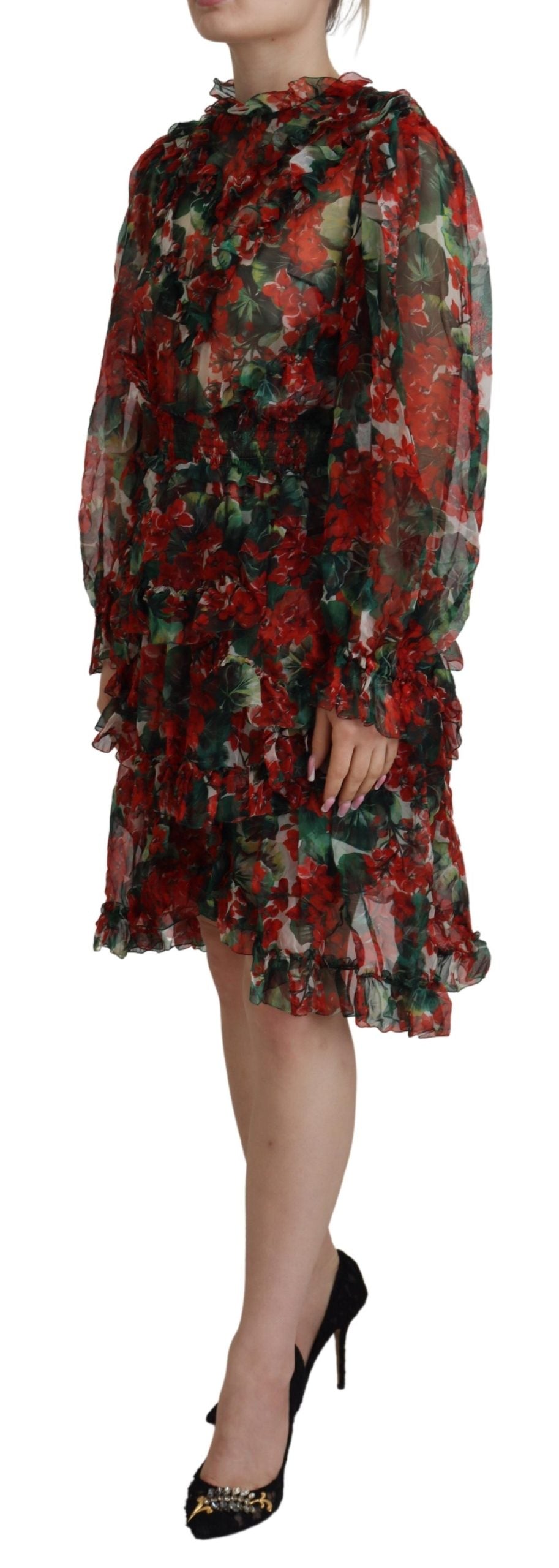 Multicolor Geranium A-line knee-length dress by Dolce & Gabbana, featuring vibrant floral patterns and a classic silhouette.