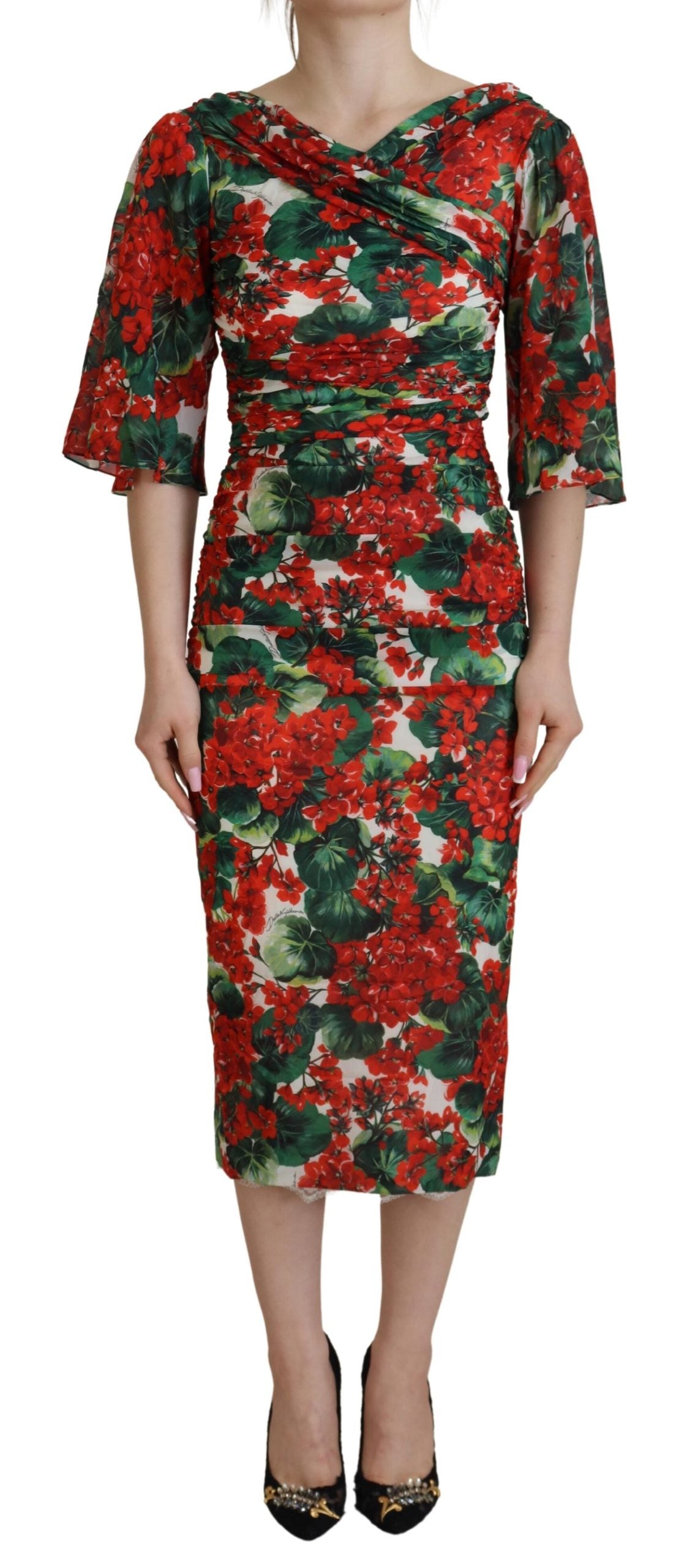 Multicolor silk sheath midi dress by Dolce & Gabbana with floral geranium pattern, fitted silhouette, and elegant design.