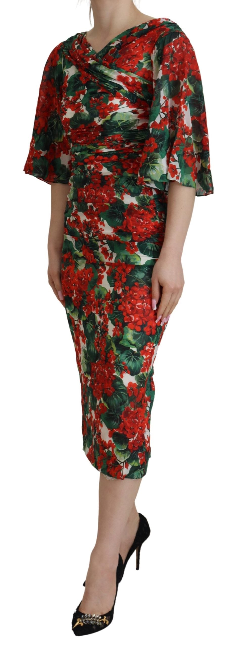 Multicolor silk sheath midi dress by Dolce & Gabbana with floral geranium print, fitted silhouette, and stylish design.