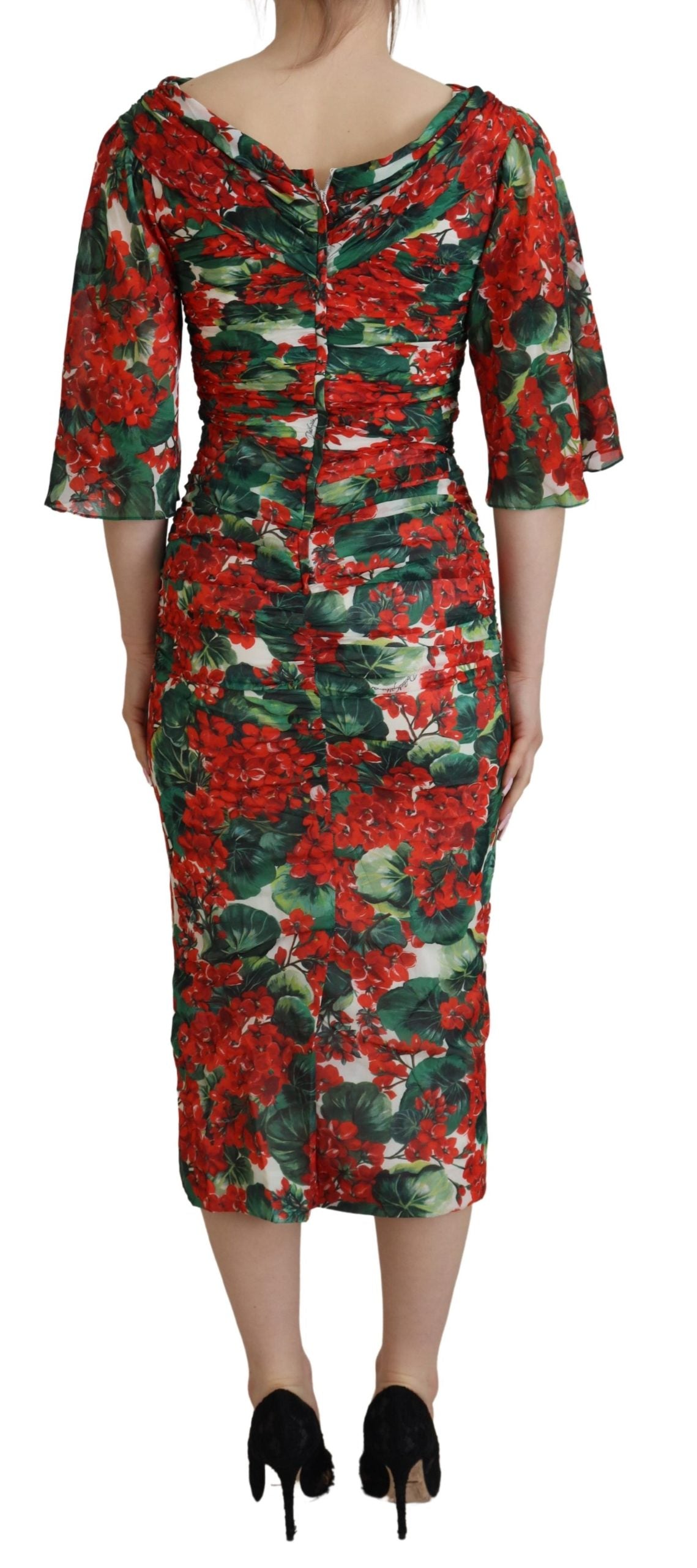 Multicolor silk sheath midi dress by Dolce & Gabbana featuring vibrant floral geranium pattern and elegant silhouette.