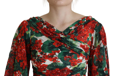 Multicolor silk sheath midi dress by Dolce & Gabbana featuring vibrant floral geranium pattern and elegant fit.