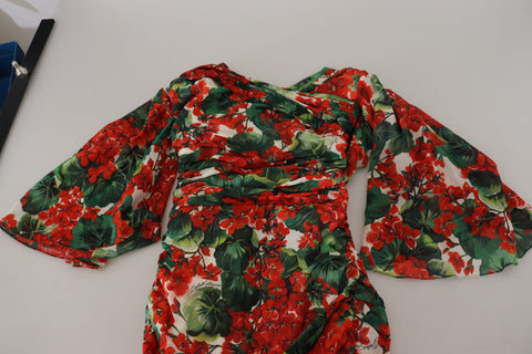 Multicolor silk sheath midi dress by Dolce & Gabbana featuring floral geranium pattern and elegant fit.