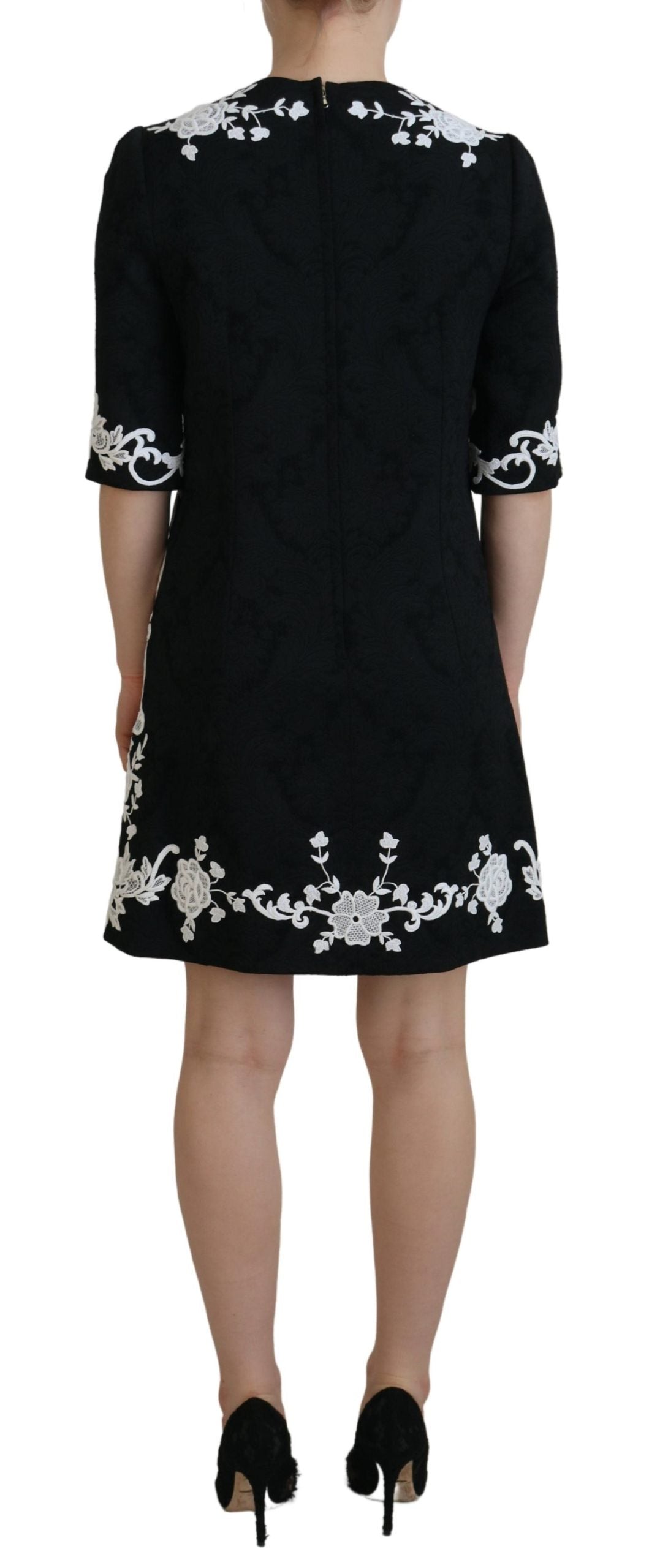 Black lace trim half sleeves A-line dress by Dolce & Gabbana, featuring elegant lace detailing and a classic silhouette.