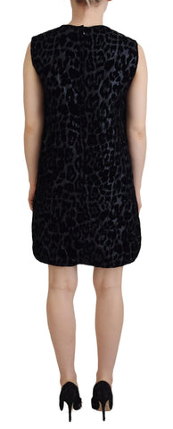 Black leopard print shift mini dress by Dolce & Gabbana made of polyester, featuring a stylish and fitted design.