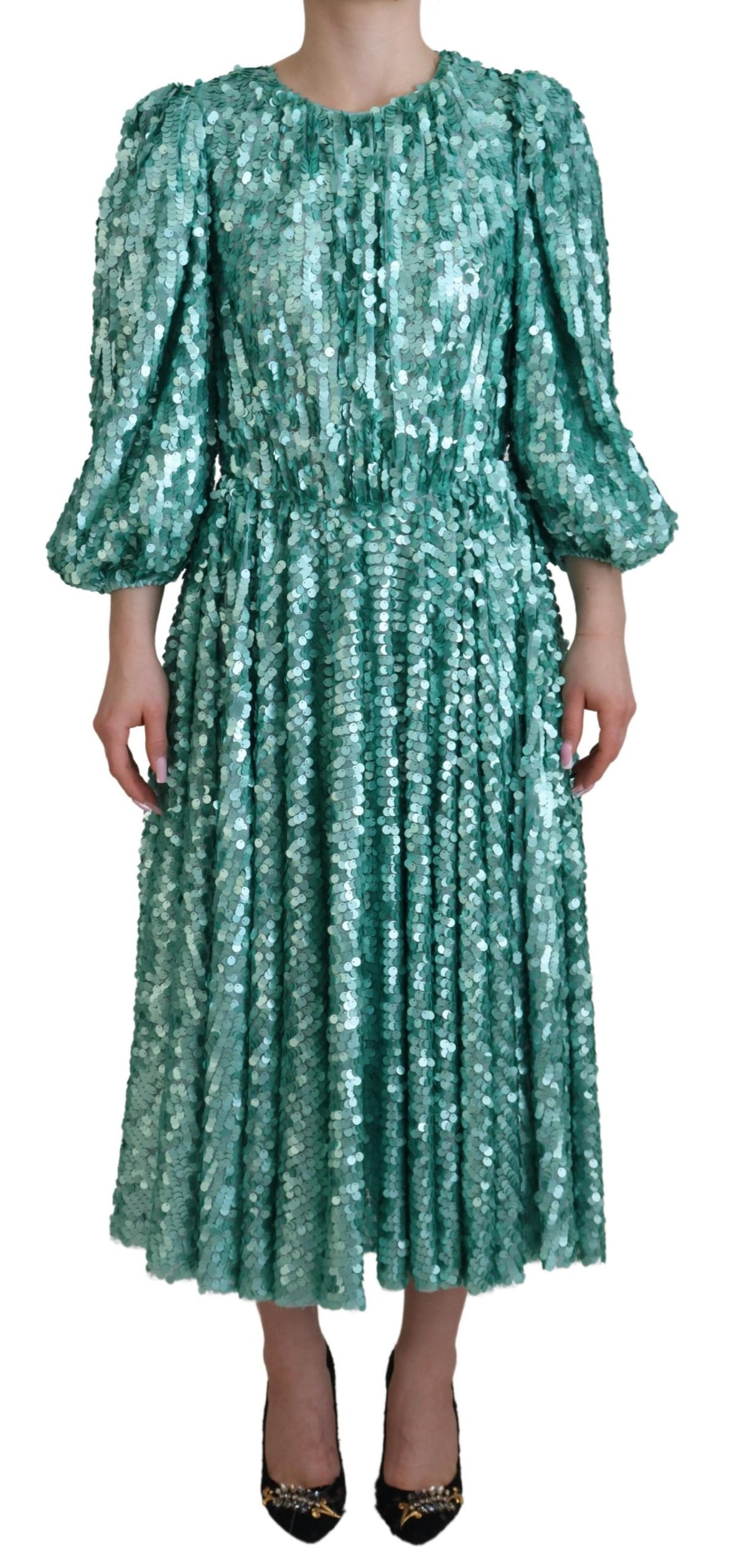Blue sequined pleated A-line midi nylon dress by Dolce & Gabbana, featuring shimmering sequins and a flowy, elegant silhouette.