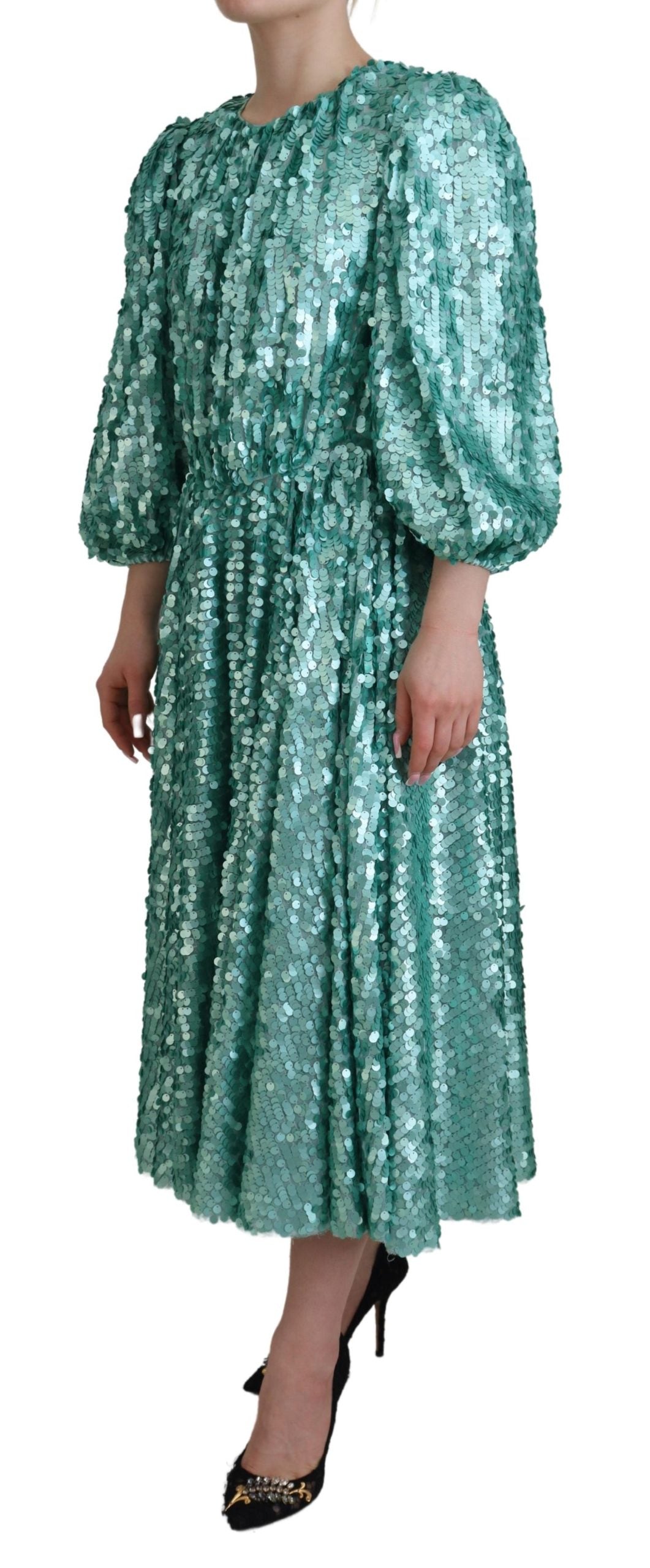 Blue sequined pleated A-line midi nylon dress by Dolce & Gabbana, featuring shimmering sequins and elegant pleats.