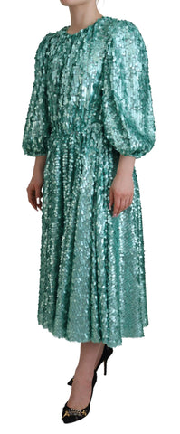 Blue sequined pleated A-line midi nylon dress by Dolce & Gabbana, featuring shimmering sequins and elegant pleats.
