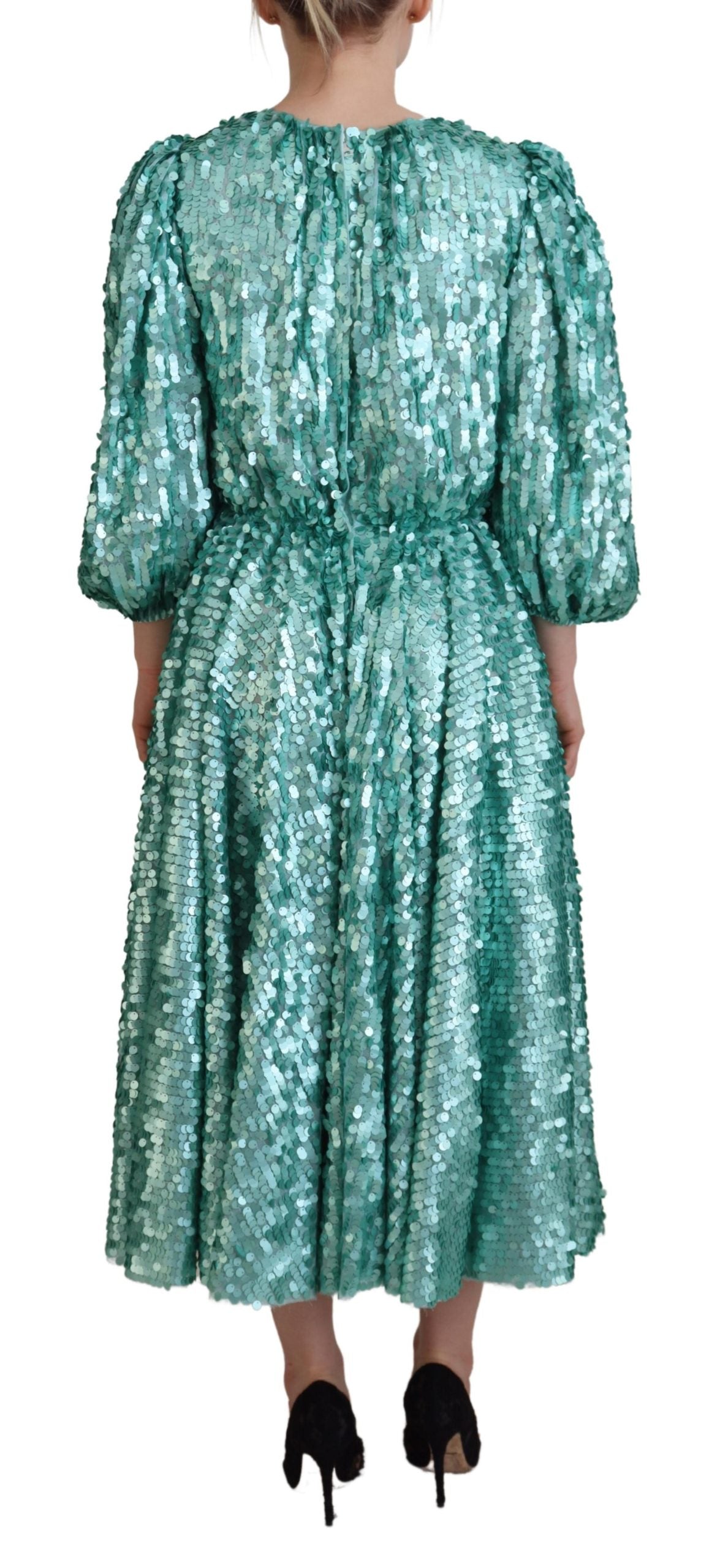 Blue sequined pleated A-line midi nylon dress by Dolce & Gabbana, featuring shimmering fabric and elegant midi length.