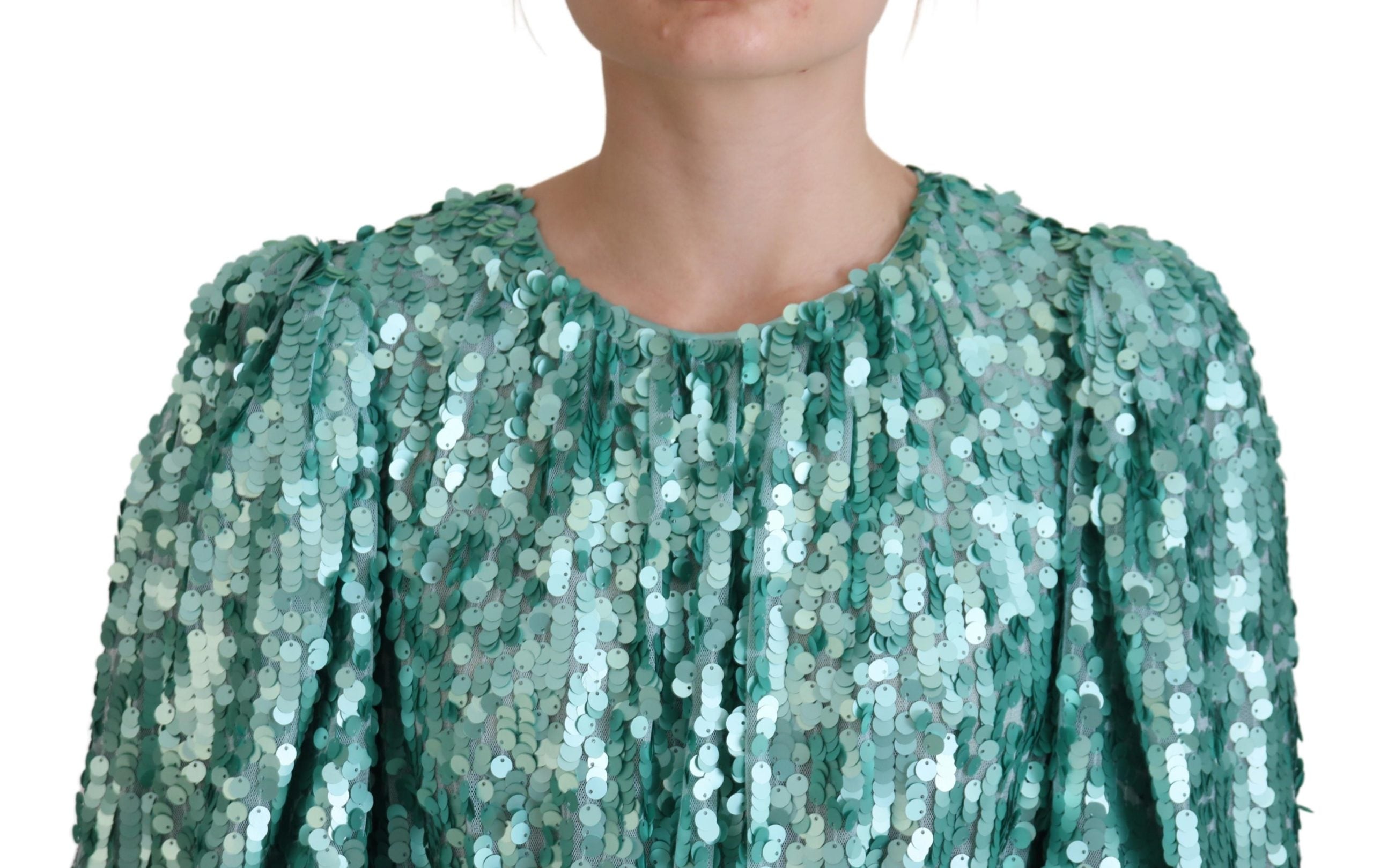 Blue sequined pleated A-line midi nylon dress by Dolce & Gabbana, featuring shimmering fabric and a stylish, flowy silhouette.
