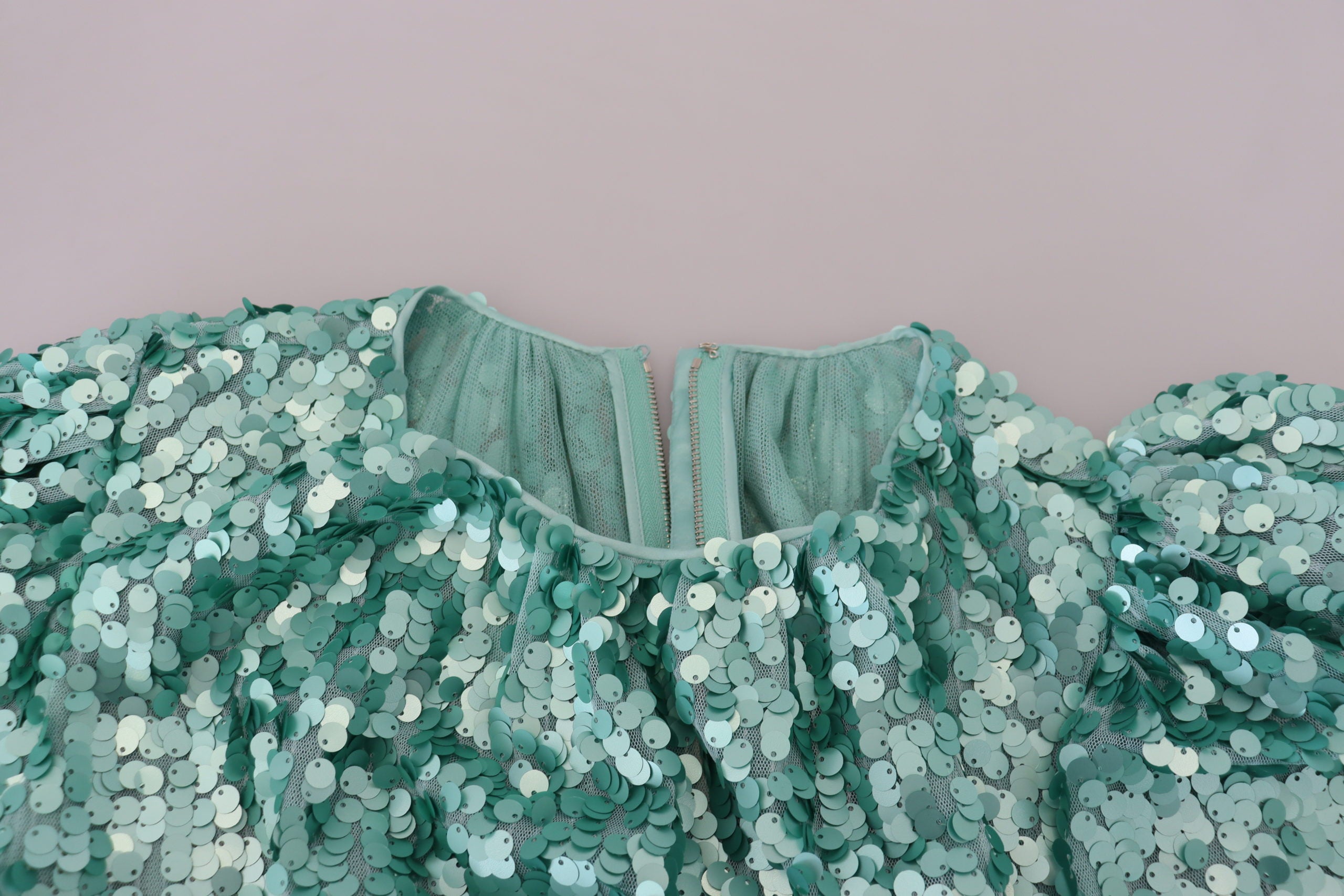 Blue sequined pleated A-line midi nylon dress by Dolce & Gabbana, featuring shimmering sequins and a flowing, elegant design.