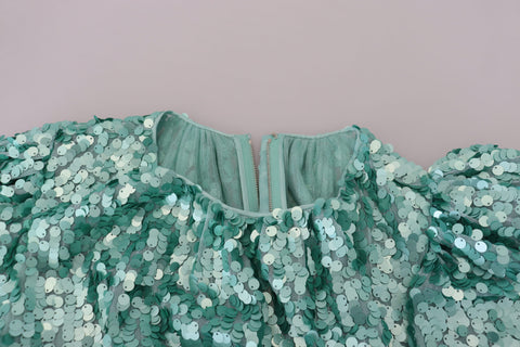 Blue sequined pleated A-line midi nylon dress by Dolce & Gabbana, featuring shimmering sequins and a flowing, elegant design.