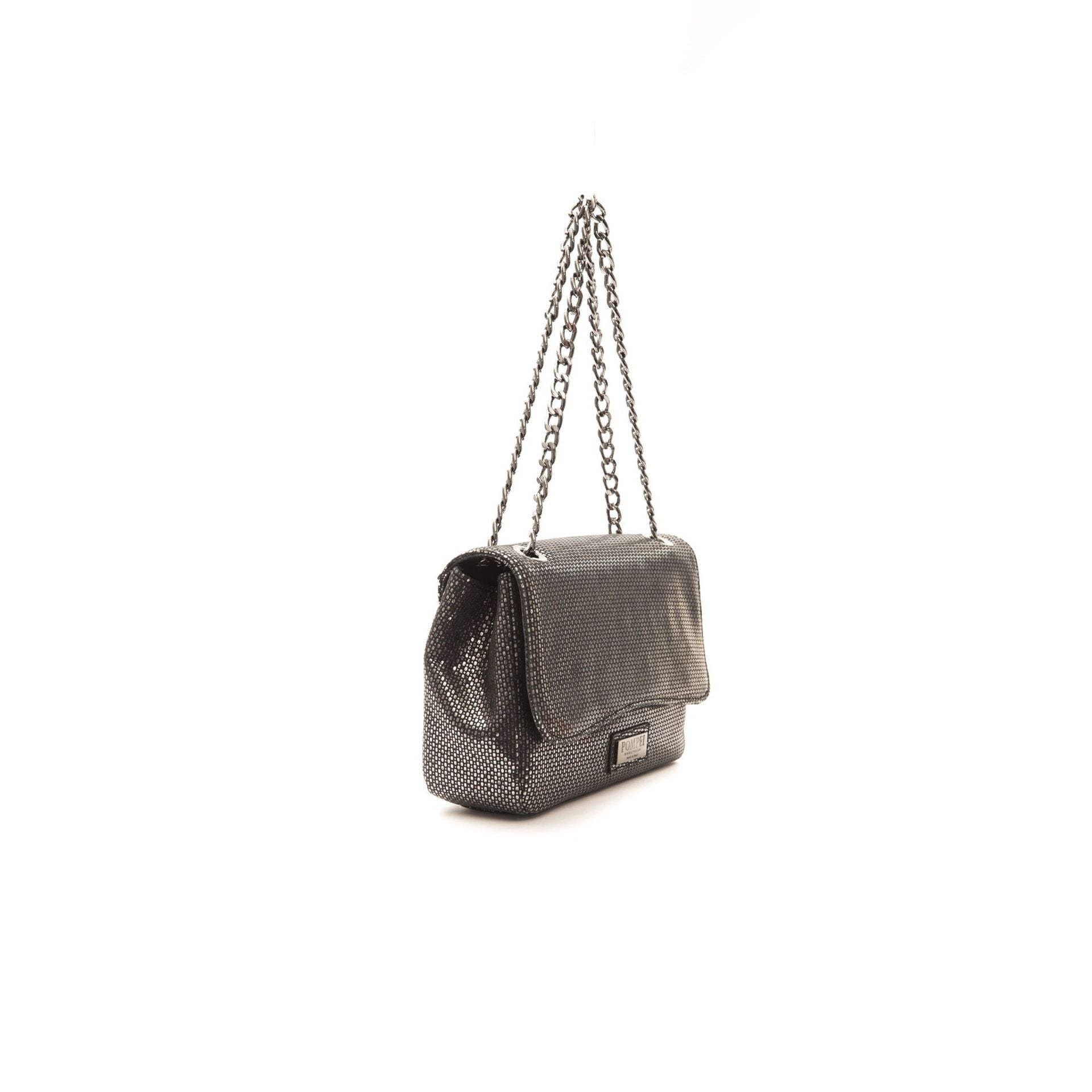 Jag Couture London - New York Pompei Donatella A1042SERENA grey and silver fabric handbag with chain strap and metal detailing.