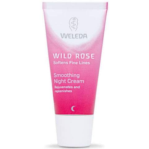 Weleda Wild Rose Smoothing Night Cream in 30ml jar with rose illustrations, ideal for nourishing and smoothing skin overnight.
