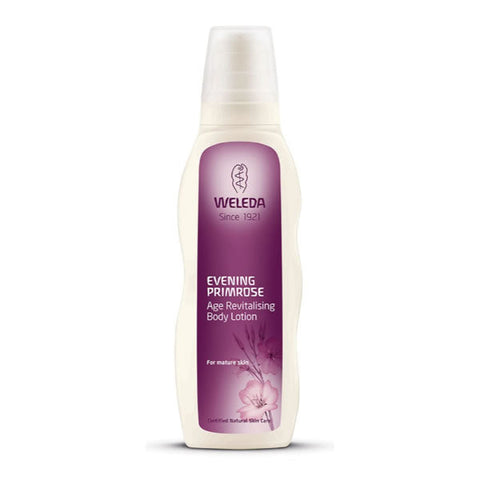 Weleda Evening Primrose Age Revitalising Body Lotion 200ml bottle, showcasing the product with label and packaging details.