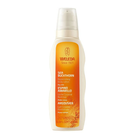 Weleda Sea Buckthorn Replenishing Body Lotion in 200ml bottle, featuring vibrant orange packaging and a natural skincare design.