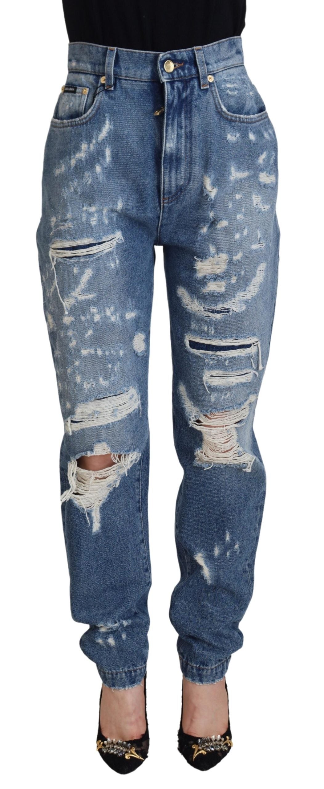 Blue washed cotton tattered denim jeans by Dolce & Gabbana, showcasing distressed details and classic five-pocket style.