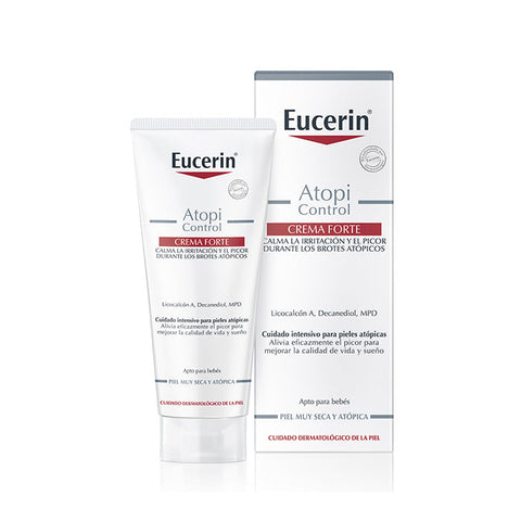 Eucerin Atopi Control Strong Cream 100ml tube, skincare product for sensitive skin, with a white and blue packaging design.
