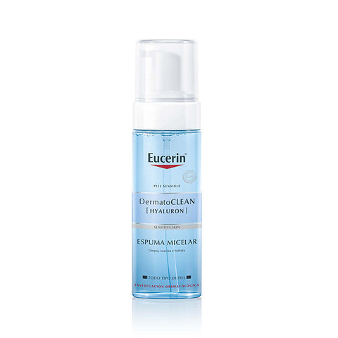 Eucerin DermatoClean Hyaluron Micellar Foam 150ml bottle, gentle skincare cleanser with hyaluronic acid, on a neutral background.
