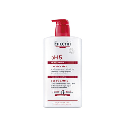 Eucerin pH5 shower gel in a 1000ml bottle, featuring a clear gel formula with a blue label, designed for gentle skin cleansing.
