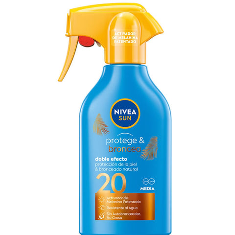 Nivea Protect & Bronze Sun Spray SPF20 in 270ml bottle with blue cap, featuring sun protection and bronzing benefits.