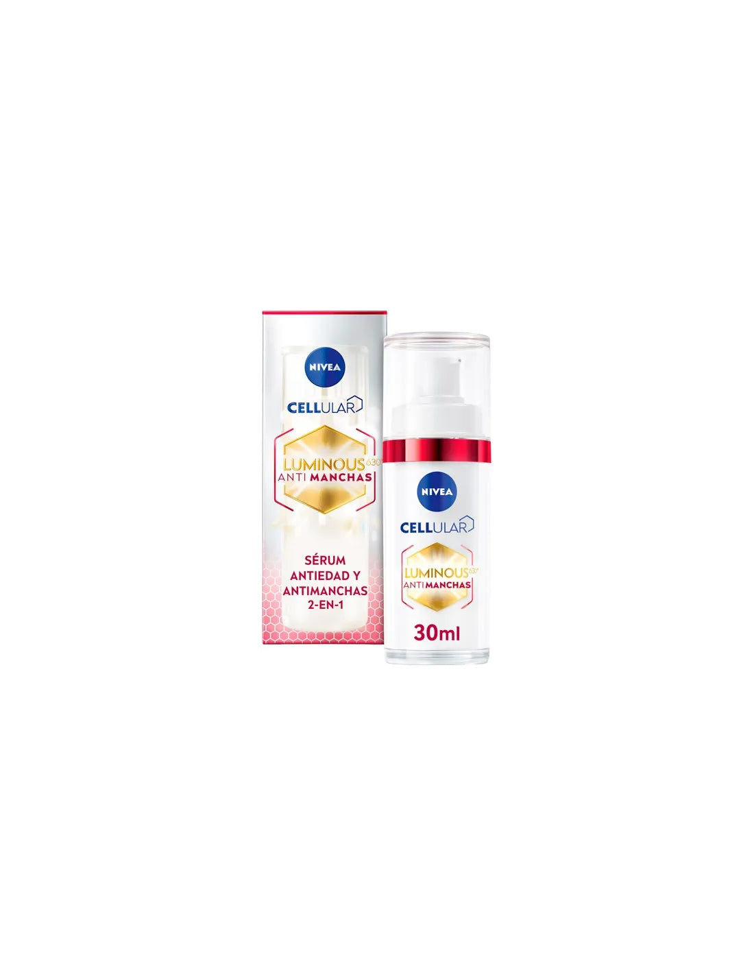 Nivea Luminous 630 Antimanchas Serum 2en1 in 30ml bottle, featuring sleek packaging with bright label and serum dropper.