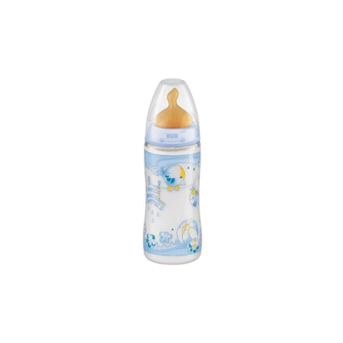 Blue Nuk 300ml baby bottle with silicone nipple and measurement markings, featuring a colorful design for infants.