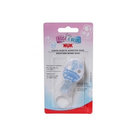 Blue Nuk soother band for babies aged 0+ months, by Jag Couture London New York, shown with the pacifier clip and strap.