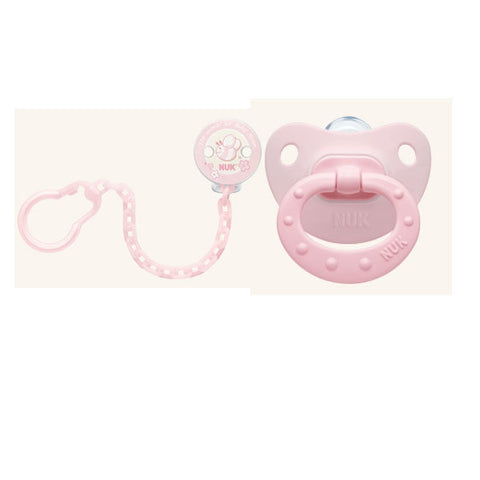 Nuk rose and blue silicone baby soother with chain for 6-18 months, by Jag Couture London New York.