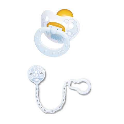 Blue latex baby soother with pink rose and blue design, includes soother band for 0-6 months, by Jag Couture London New York