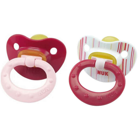 Two Nuk Classic Shooter T1 Fashion Rose latex pacifiers for infants aged 0-6 months, by Jag Couture London New York.