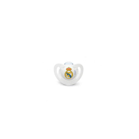 Silicone pacifier for babies aged 0-6 months featuring FC Real Madrid logo, by Jag Couture London New York.