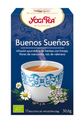 Yogi Tea Buenos Sueños herbal tea bags by Jag Couture London, featuring 17 biodegradable sachets with calming tea blend.