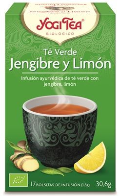 Box of Yogi Tea Green Ginger Lemon herbal tea bags by Jag Couture London New York, showing individual tea bags and packaging.