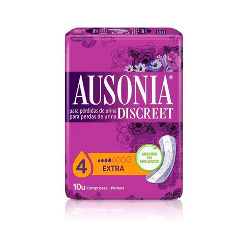 Ausonia Discreet Extra urine loss compresses by Jag Couture London - New York, showing 10 individually wrapped absorbent pads.