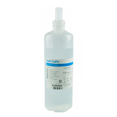 B. Braun physiological saline solution bottle, 500ml, branded by Jag Couture London - New York, with clear labeling and cap.