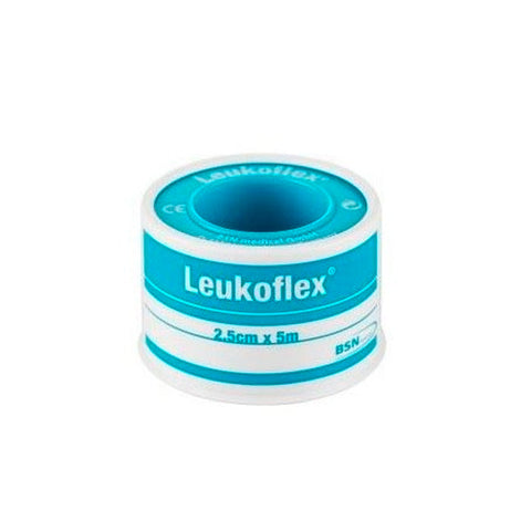 Leukoflex waterproof medical tape by Bsn Medical, 5x2.5cm, shown on a white background with a focus on the tape's texture and packaging.